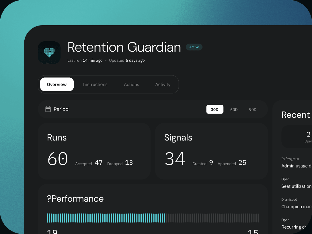 Retention Guardian overview with runs, signals, and recent activity