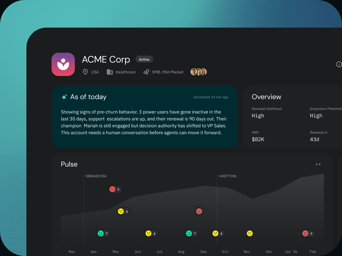 Account pulse chart with onboarding and adoption stages plus sentiment markers